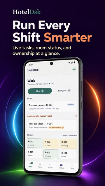Run Every Shift Smarter — clarity for every role, every day. The HotelDsk app on a phone.